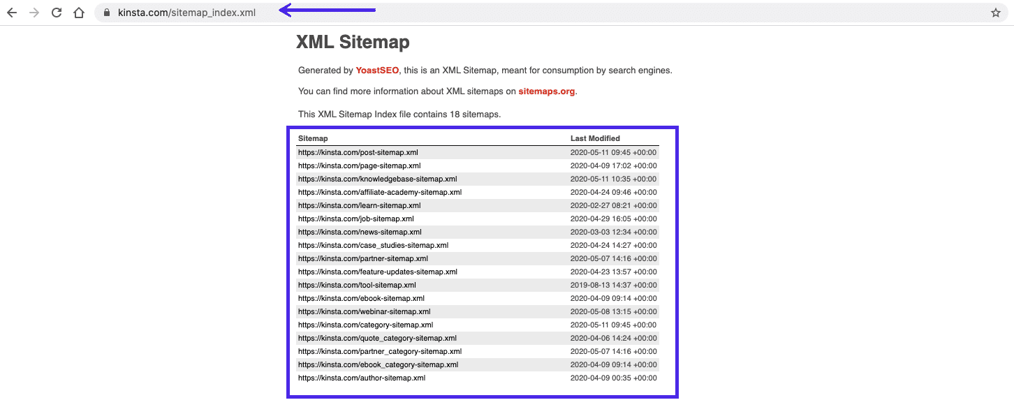 La sitemap XML di Kinsta