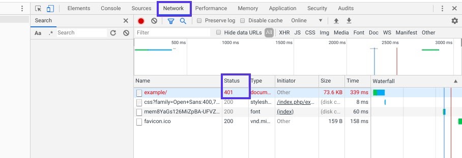 Il codice di stato 401 nella console di sviluppo di Chrome