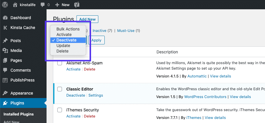 Disattivare i plugin nel cruscotto di WordPress