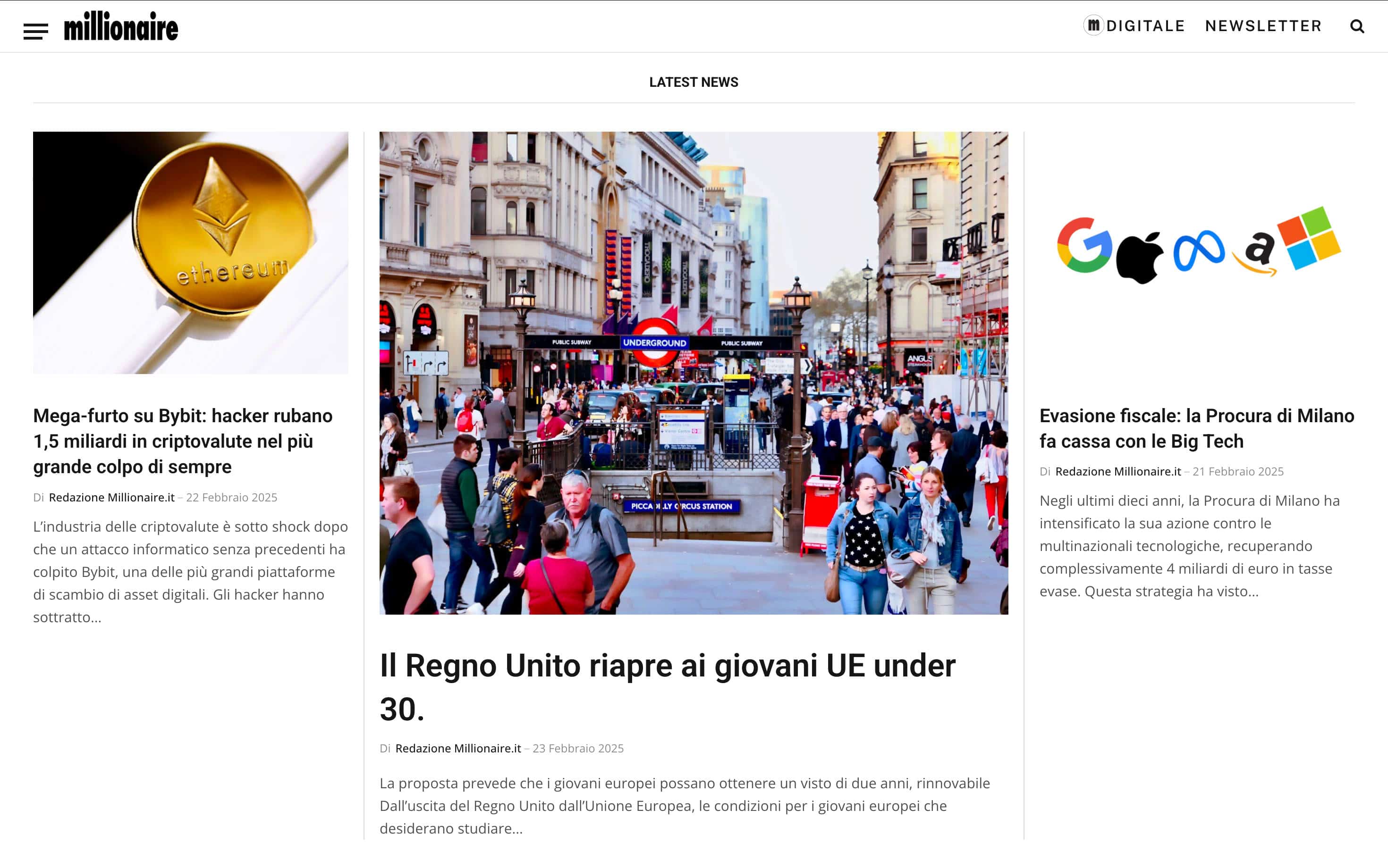 La home page del sito web millionaire.it