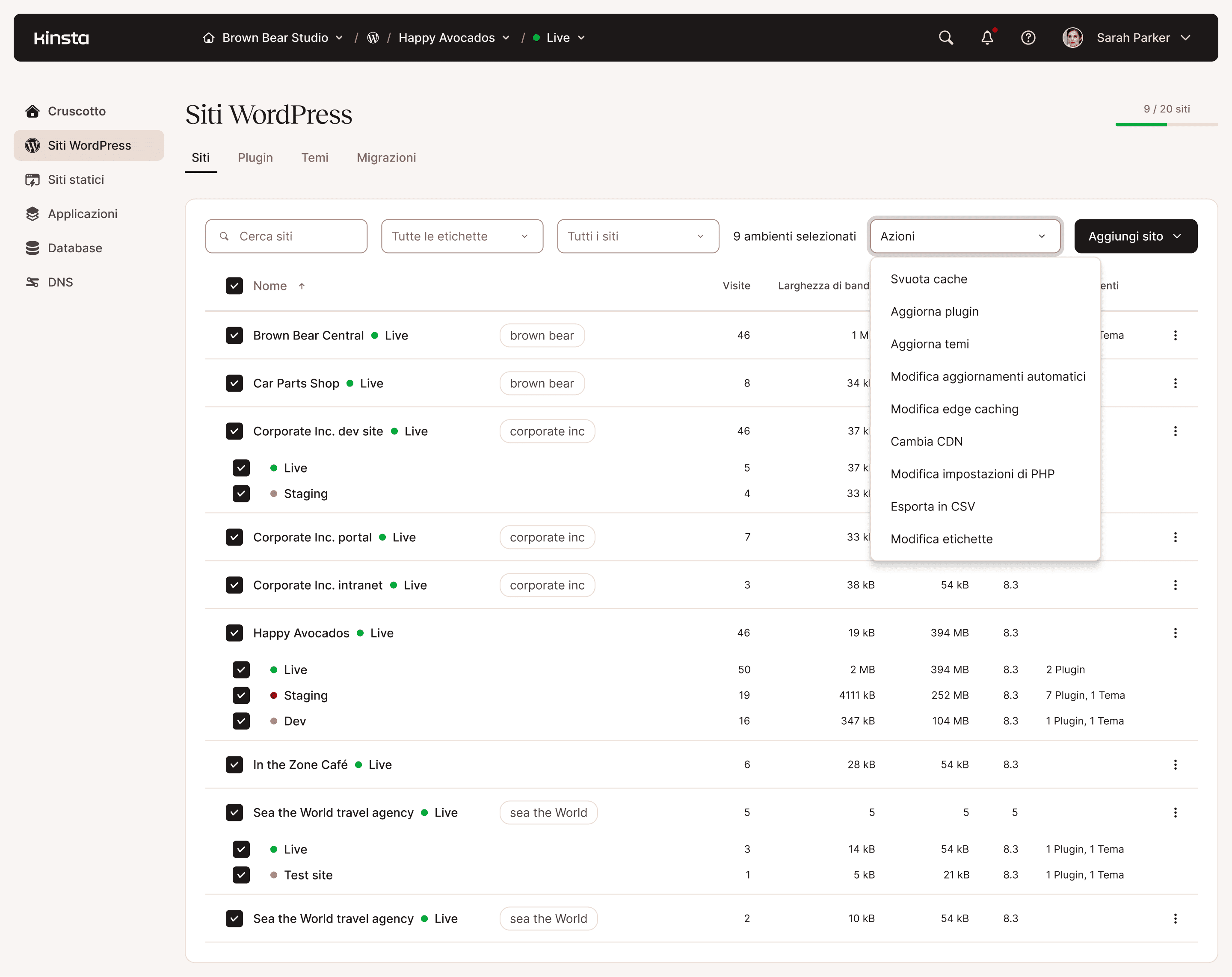 Azioni in blocco per gestire i siti web WordPress
