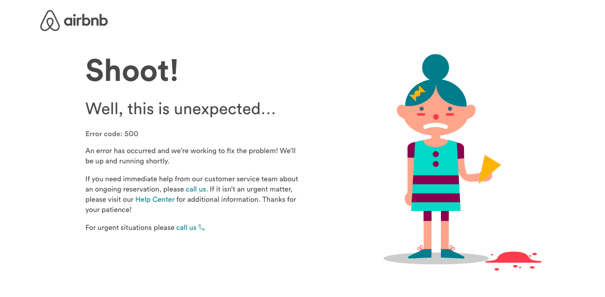 Airbnbの「500 Internal Server Error」エラーページ