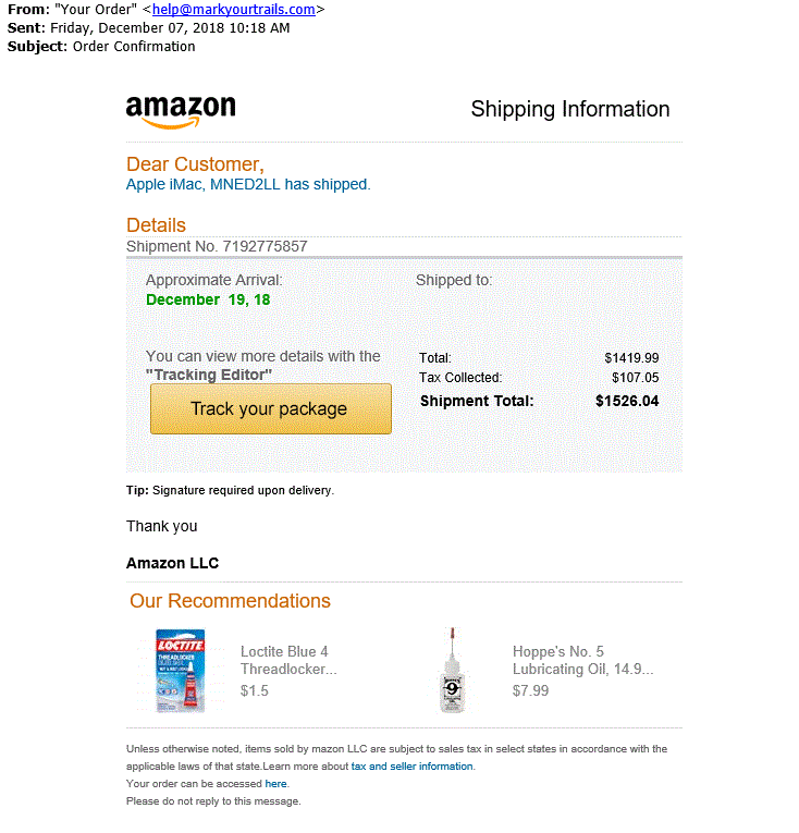 Amazonに偽装したフィッシングメール例(画像参照元:SecureWorld)