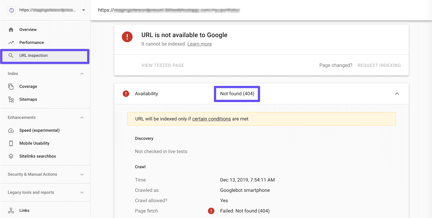 Google Search ConsoleのURL検査ツールを使用:404エラーが判明