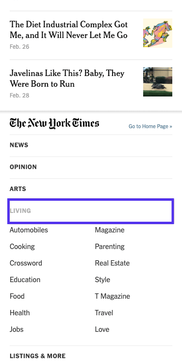 The New York Timesの記事 – 展開した状態のフッターメニュー(モバイル版)