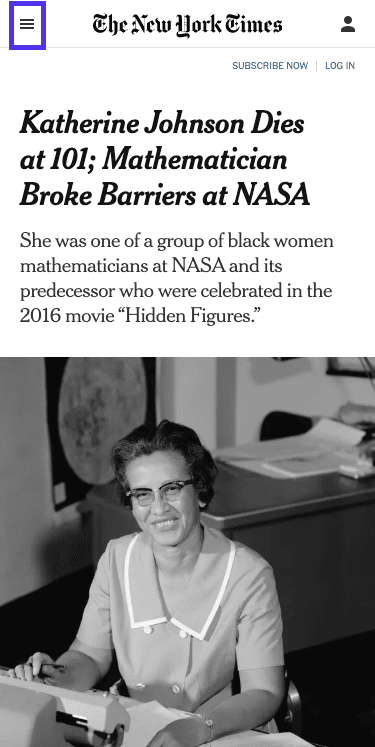 The New York Timesの記事 – ヘッダーメニュー(モバイル版)