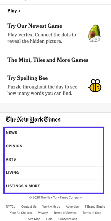 The New York Timesの記事 – フッターメニュー(モバイル版)