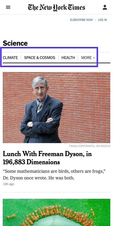 The New York Timesのscienceのページ – メインメニュー(モバイル版)