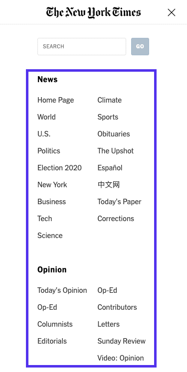 展開したメニュー – The New York Timesのトップ画面(モバイル版)