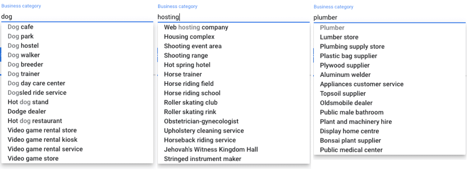 Googleビジネスプロフィールのビジネスカテゴリの例(曖昧なものも含まれているため要注意)