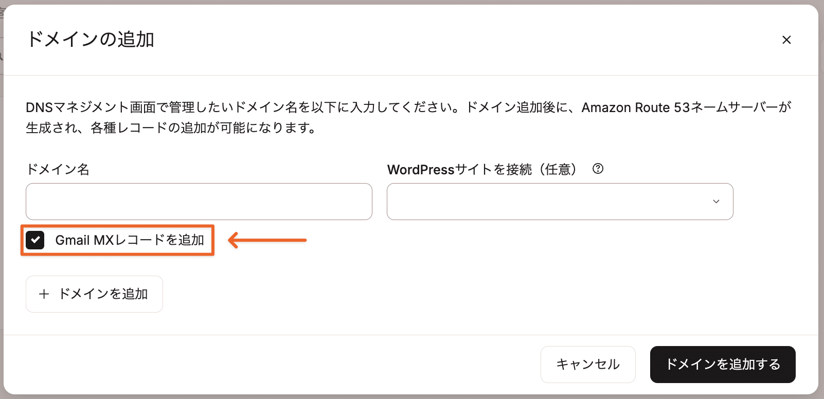 MyKinstaでドメイン追加時にGmail MXレコードの追加を選択