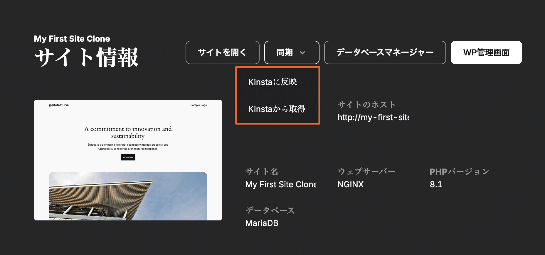 DevKinstaのサイト情報パネル
