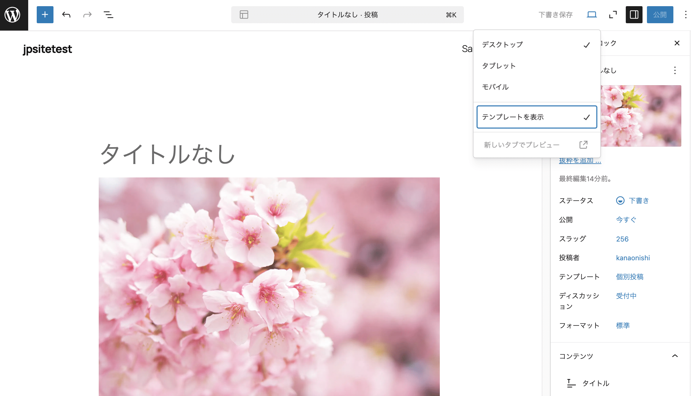 「テンプレートを表示」の選択時