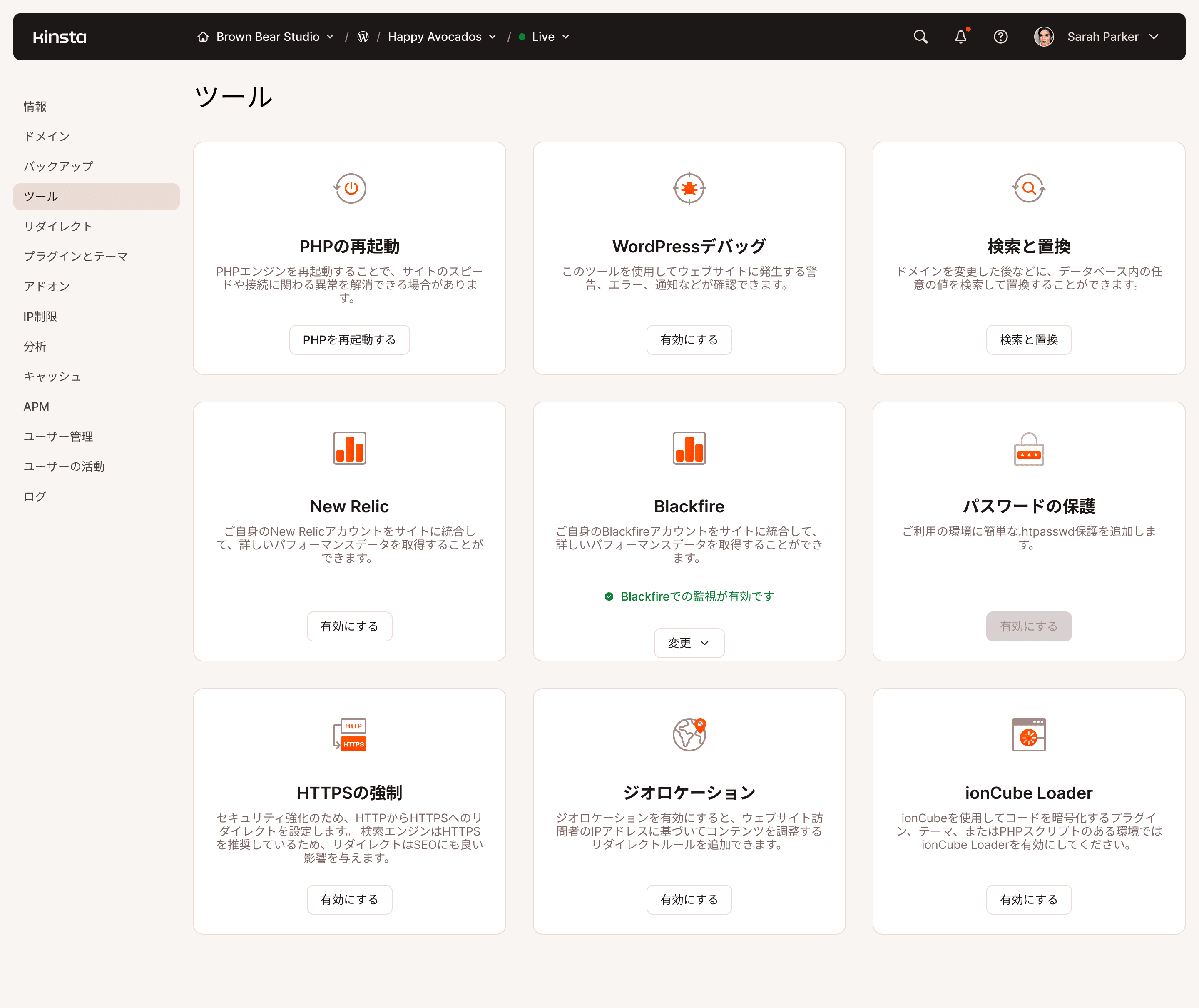 MyKinstaのツール画面
