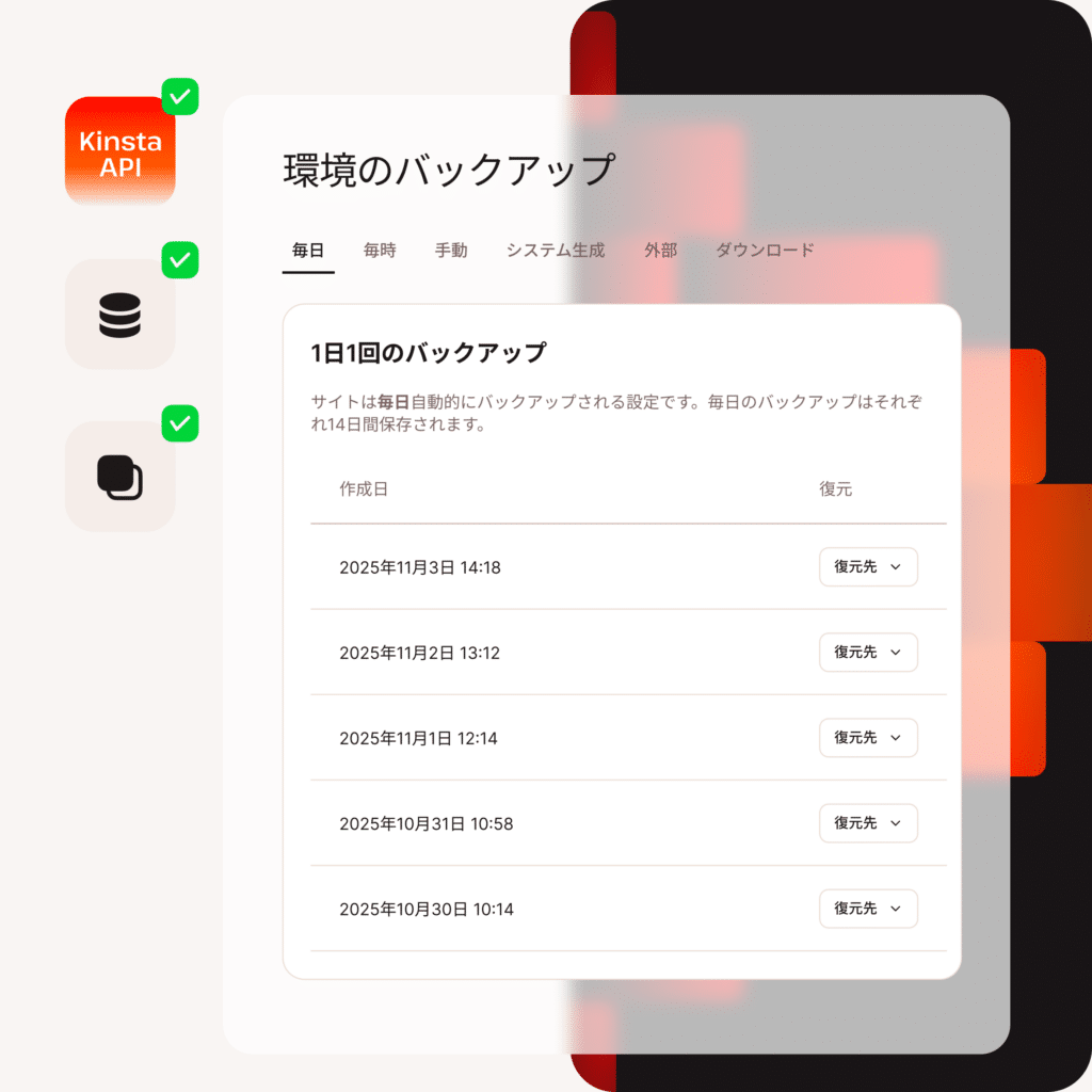 自動バックアップ機能を強調する、日次バックアップ一覧と復元機能付きのコントロールパネル
