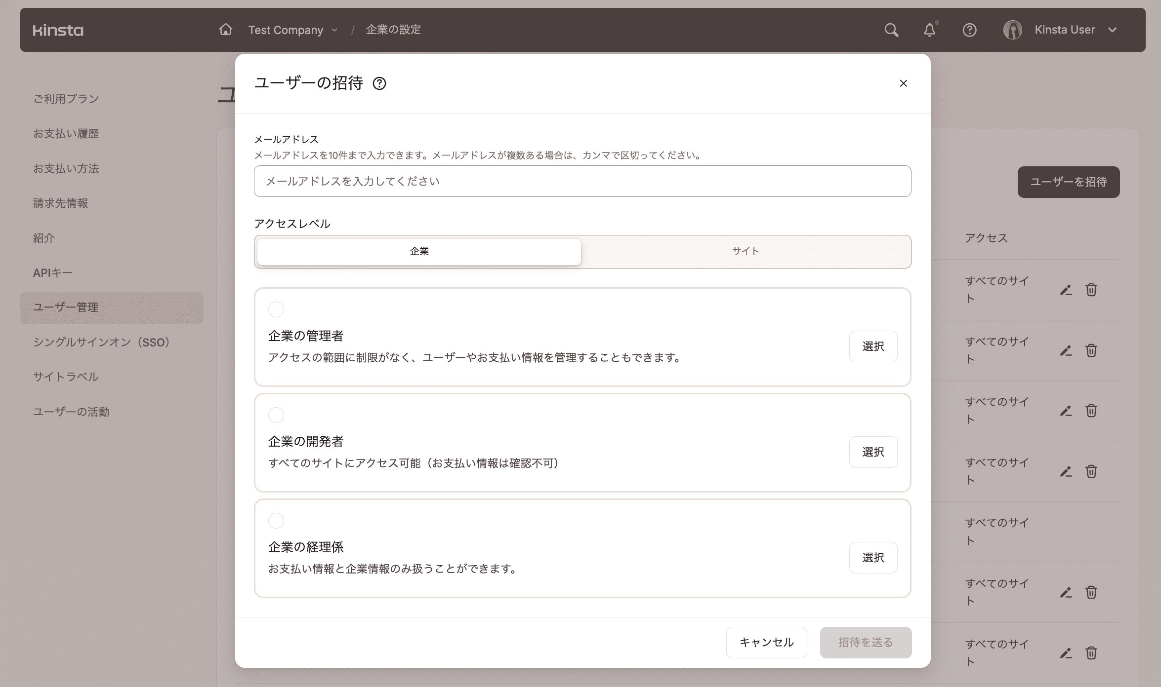 アクセスレベルを選択してMyKinstaにユーザーを招待