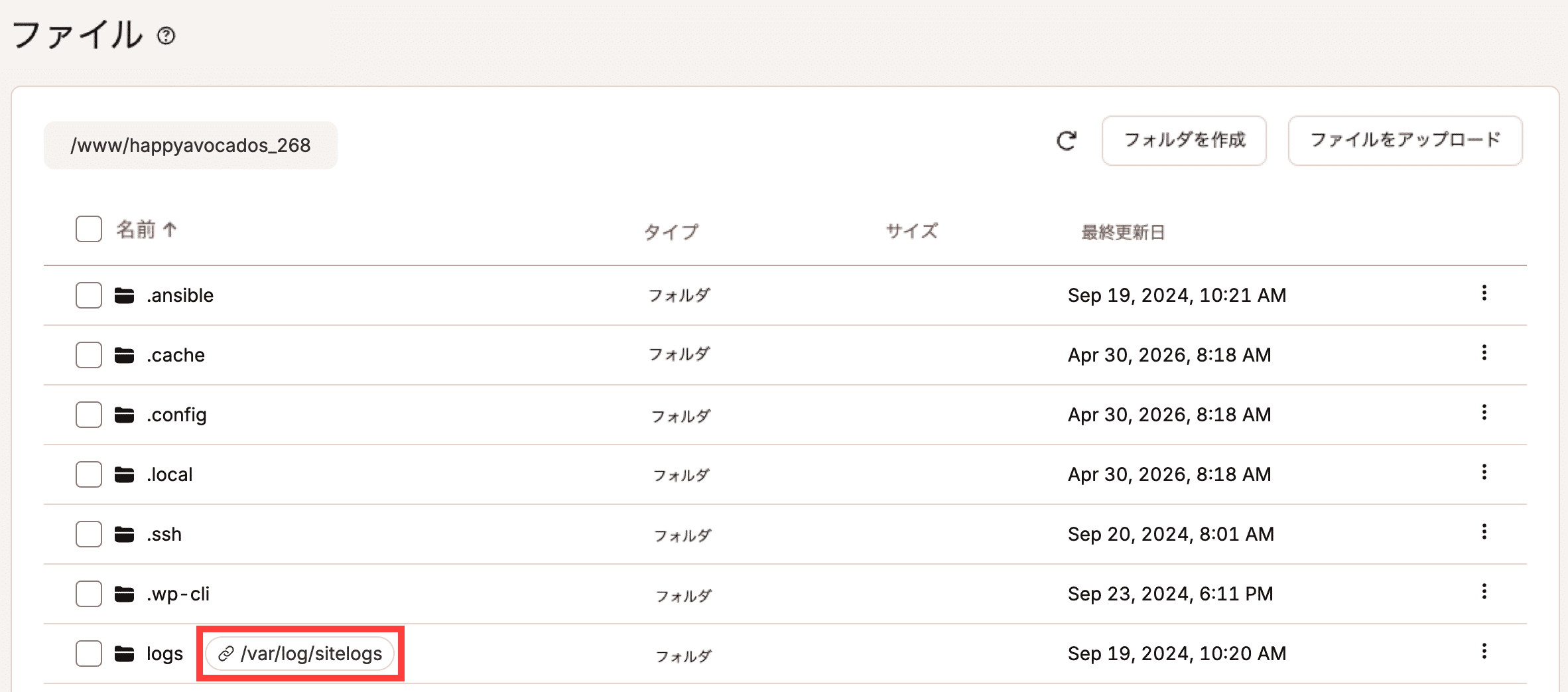 通常のファイルやディレクトリと並んで表示されるシンボリックリンク