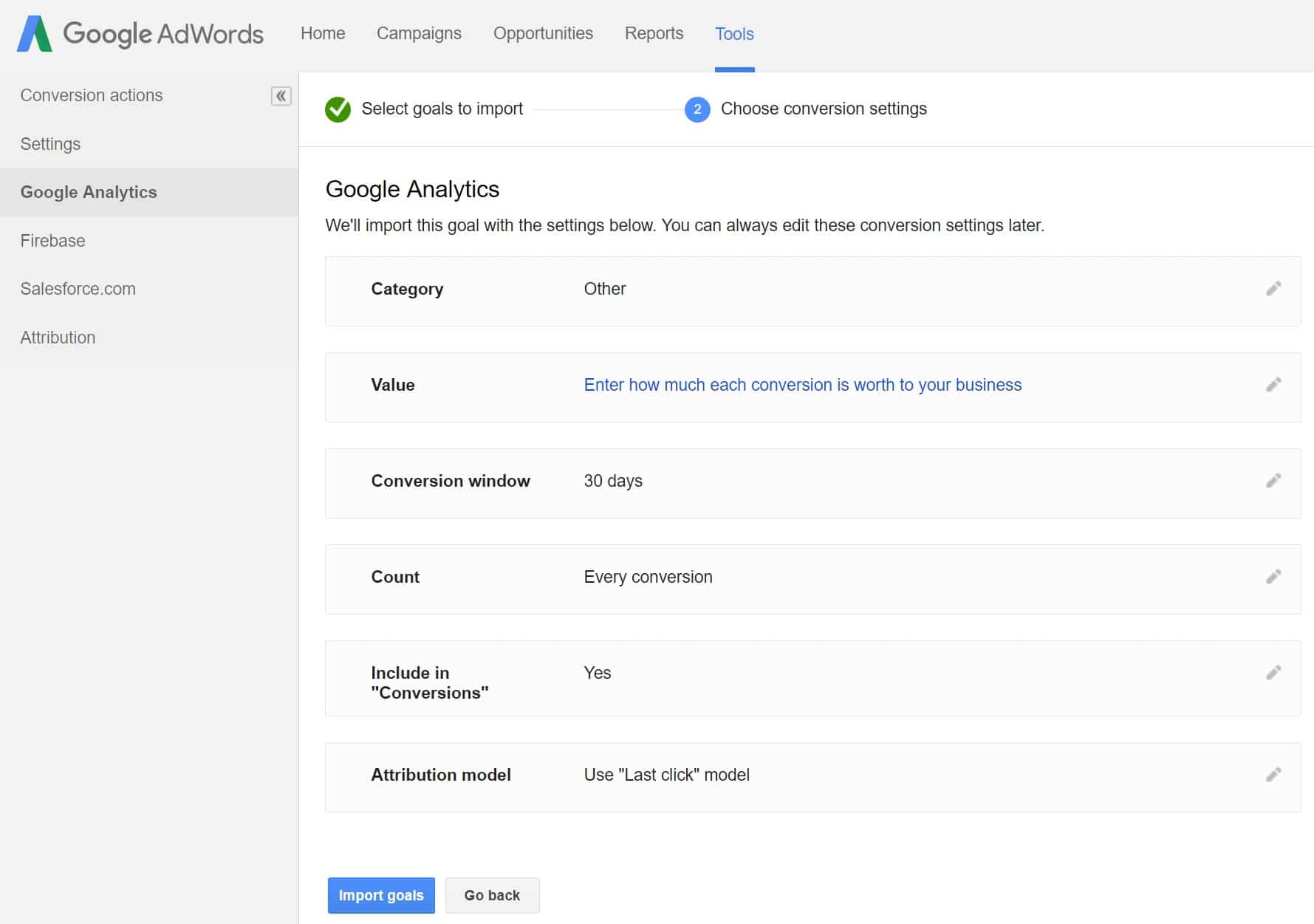 AdWords conversion settings AdWords conversie instellingen