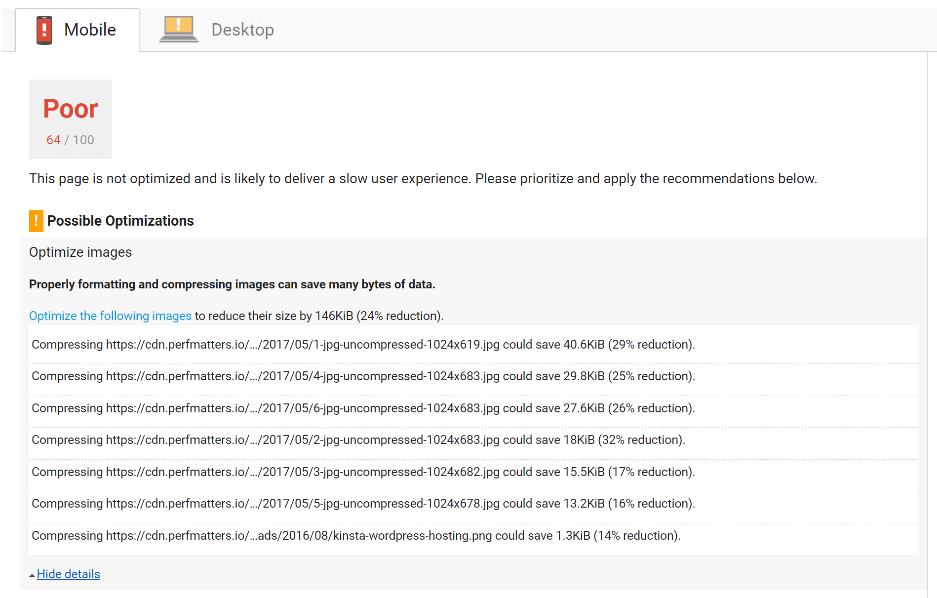 PageSpeed Insights optimize images waarschuwing