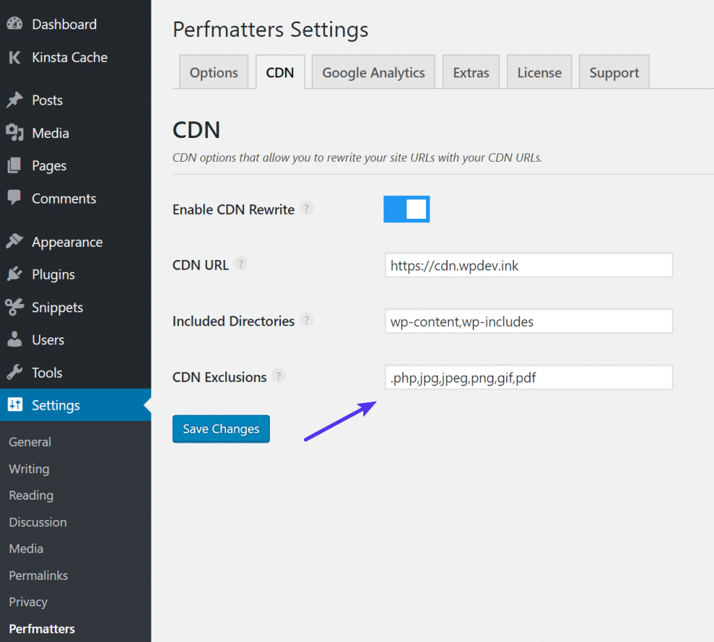 CDN uitzondering bij Perfmatters