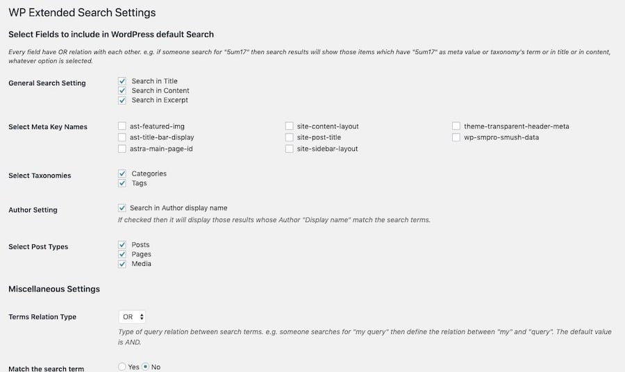 WP Extended Search instellingen in WordPress