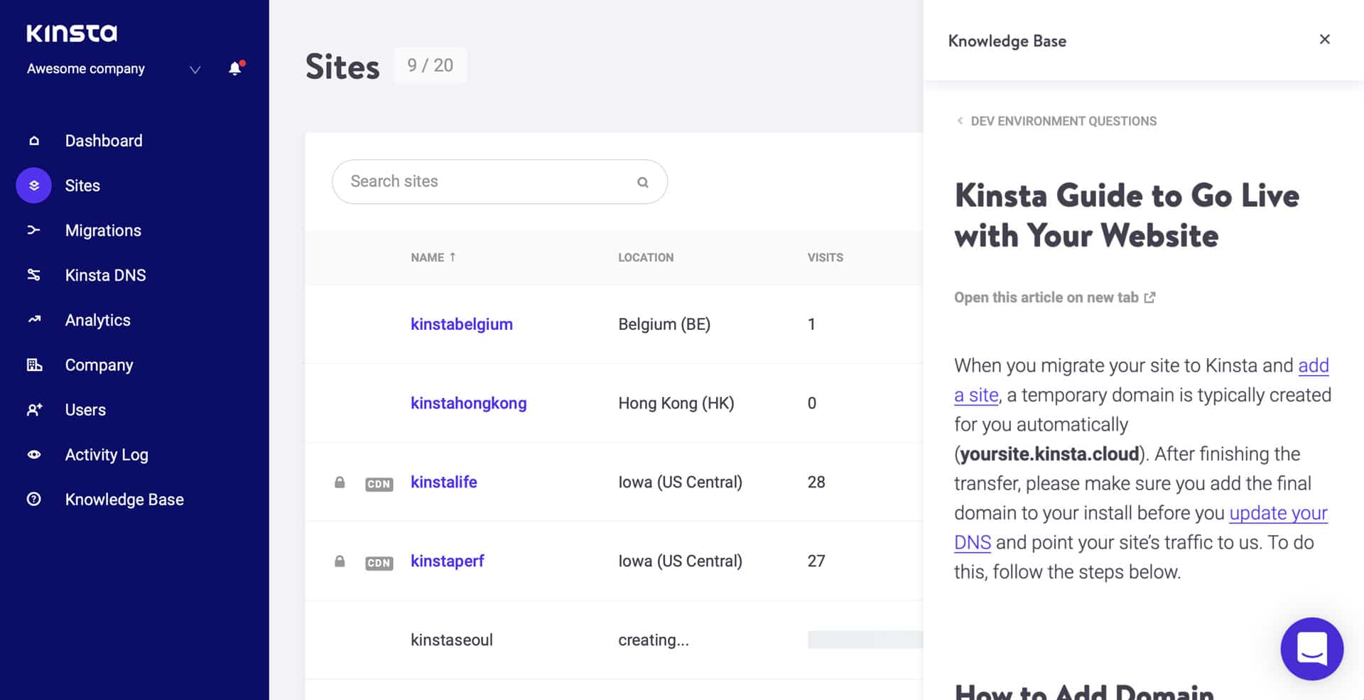 Kinsta's go-live checklist tijdens het maken van een site.