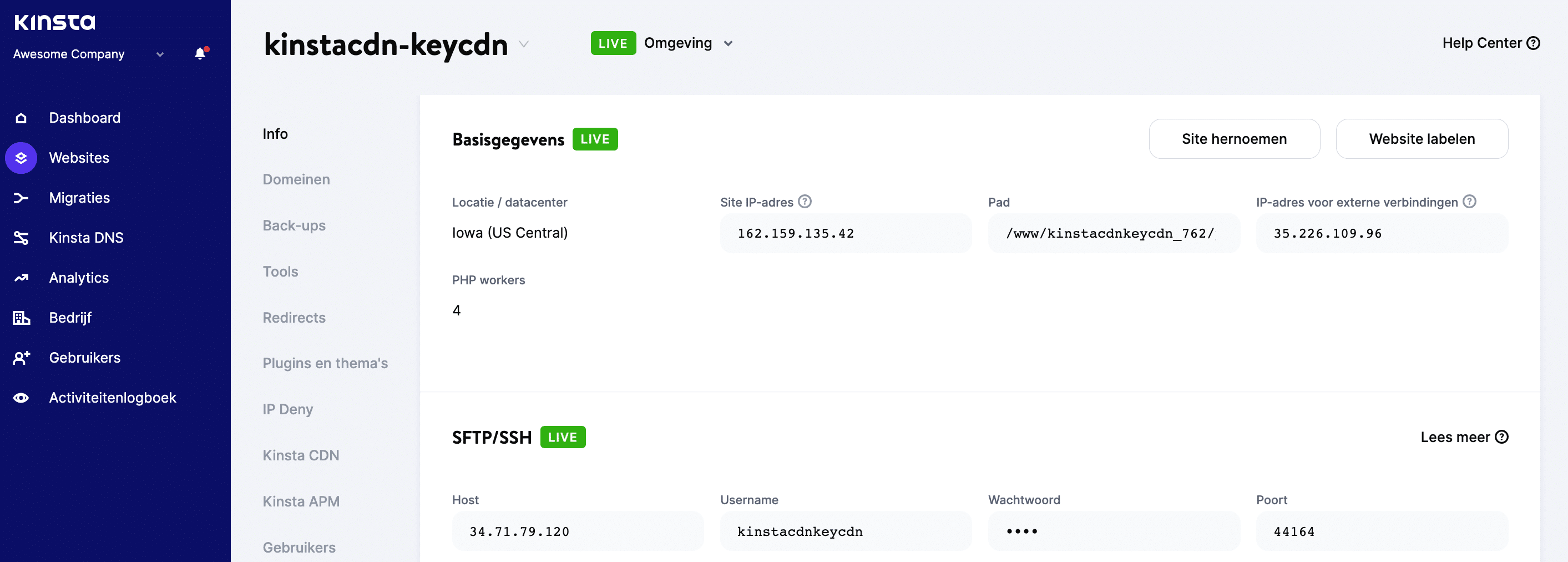 Het MyKinsta dashboard, met de basisgegevens voor een site.
