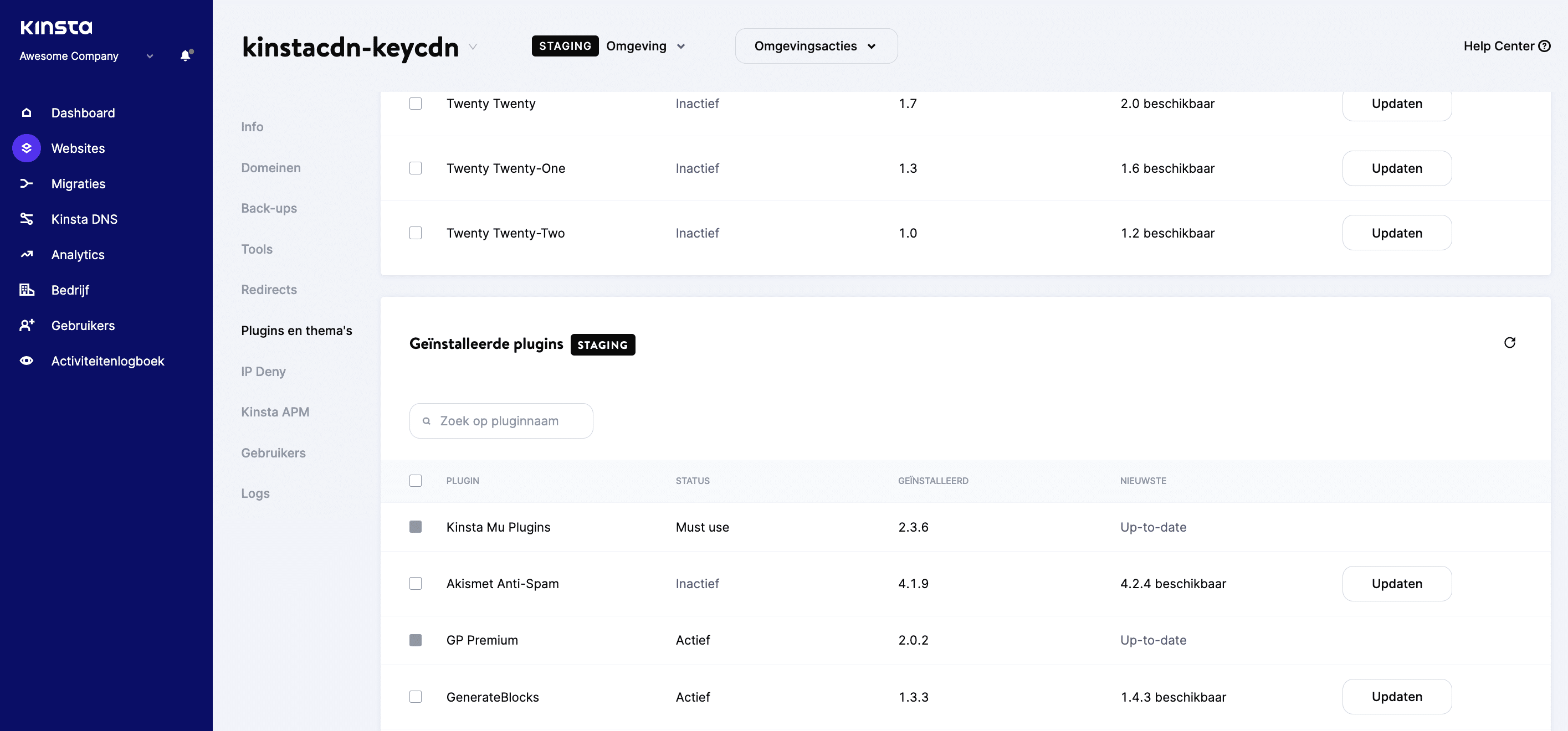 Het MyKinsta scherm met plugins en thema's.