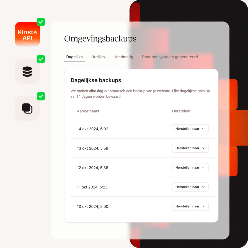 Dashboardinterface met dagelijkse back-ups van de website met datums en herstelopties, waarbij de automatische back-upfunctie wordt benadrukt.