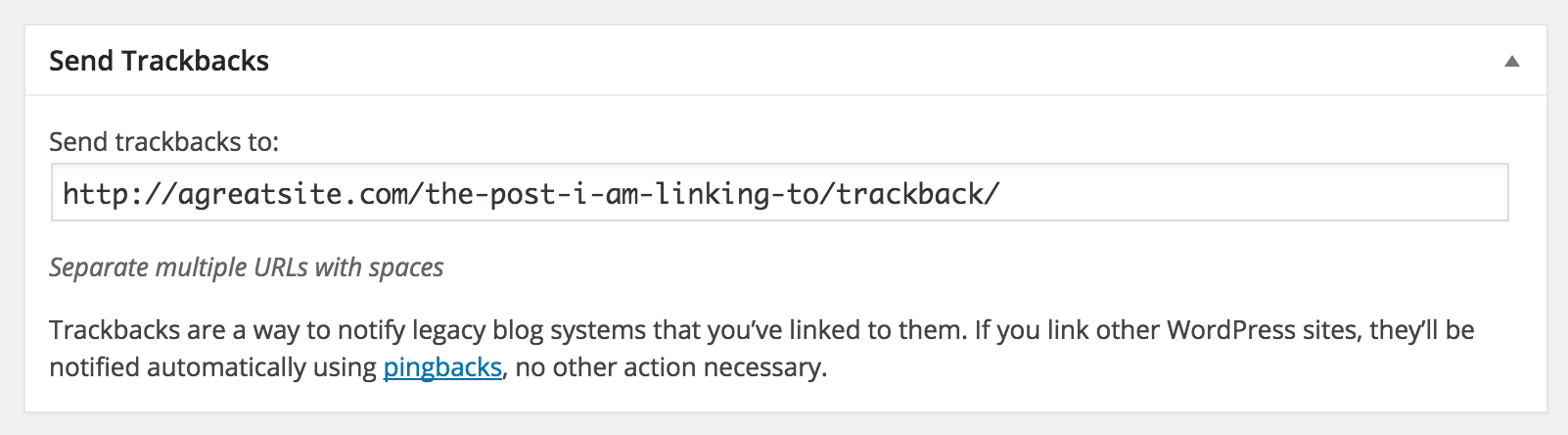 O campo trackback preenchido