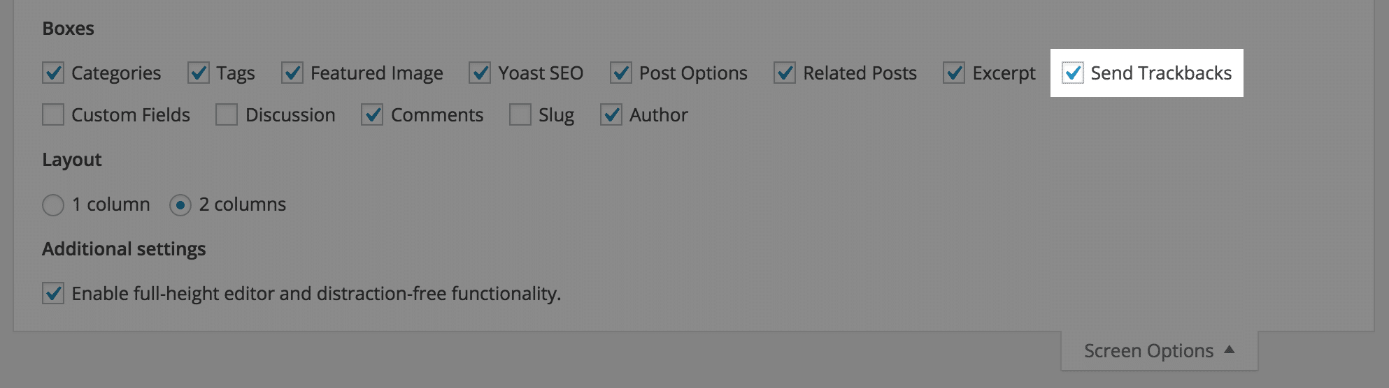 Definição da vista de Trackback na secção de opções de ecrã do WordPress