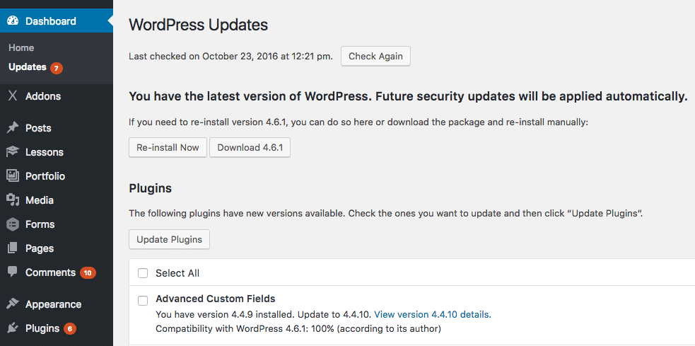 WordPress automatic updates Atualizações automáticas do WordPress