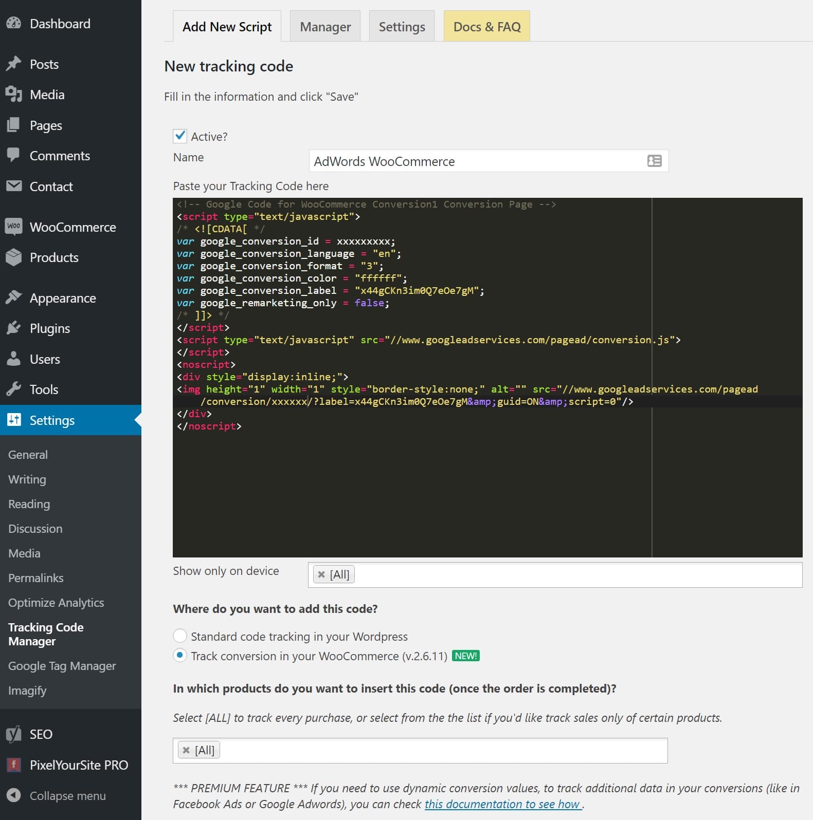 Add AdWords WooCommerce pixel Adicionar pixel Adwords WooCommerce
