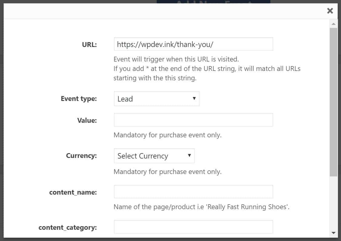 Add custom FB event Adicionar evento do Facebook personalizado