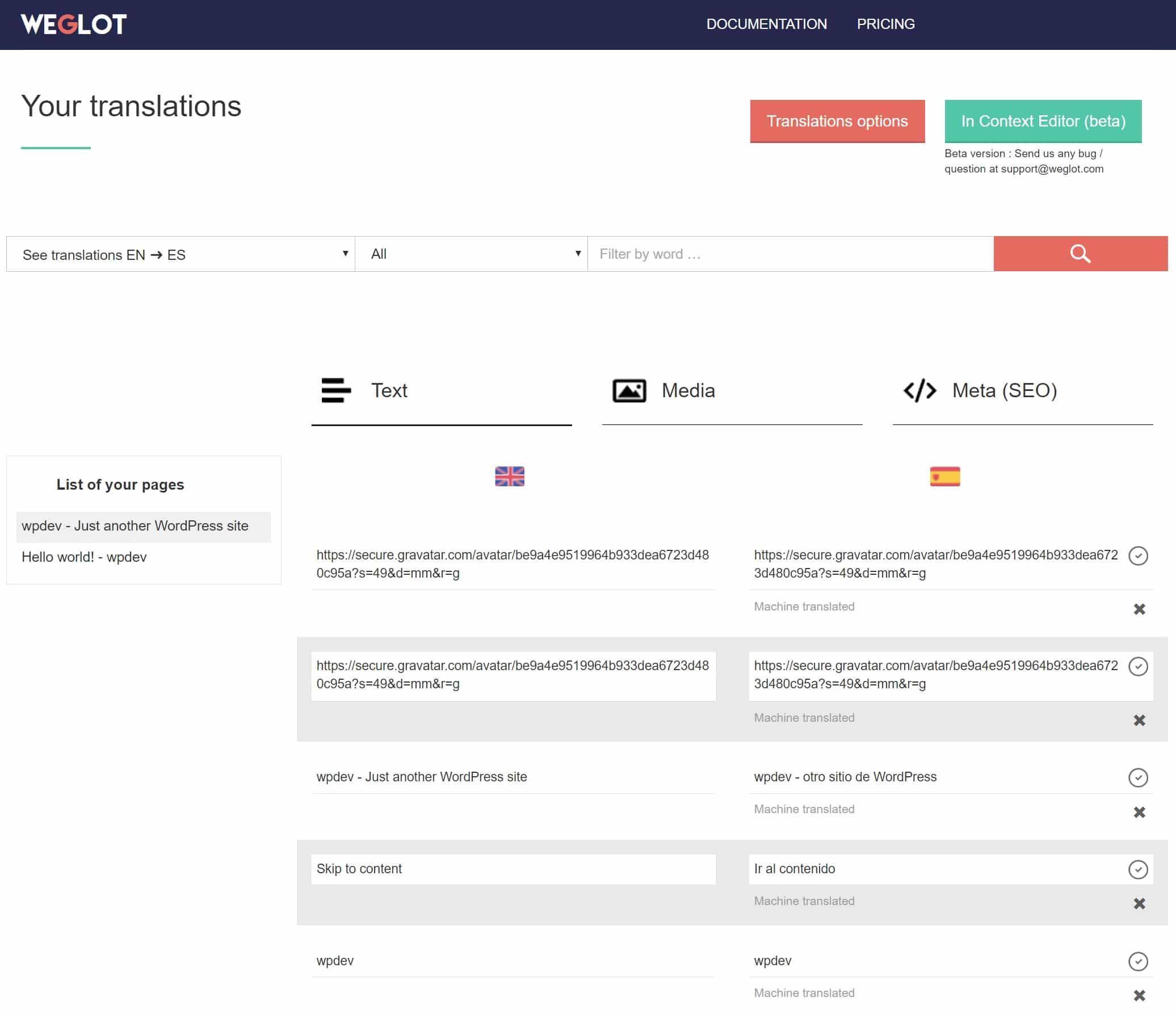 Weglot translation dashboard Painel de tradução Weglot