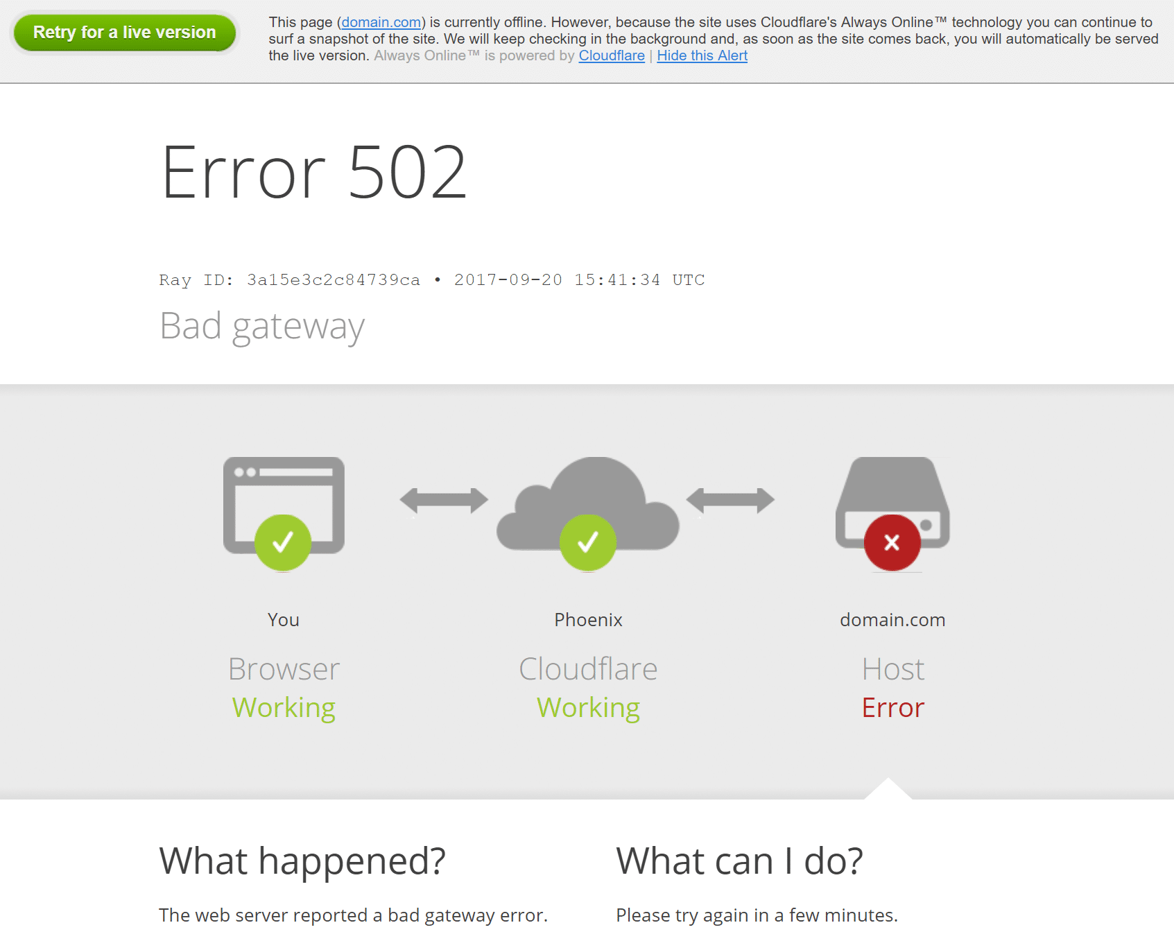 502 bad gateway no Cloudflare da parte do hos