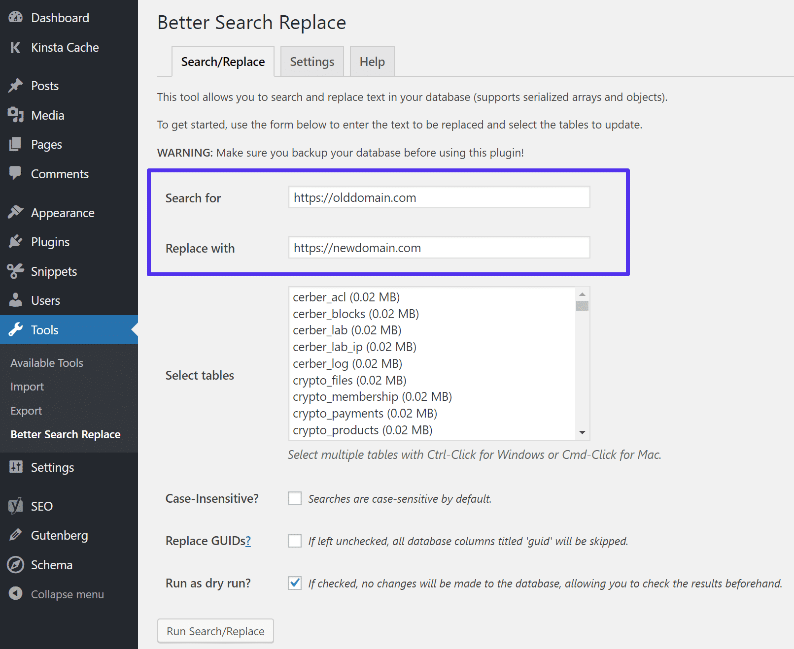 Actualizar domínio com Better Search Replace