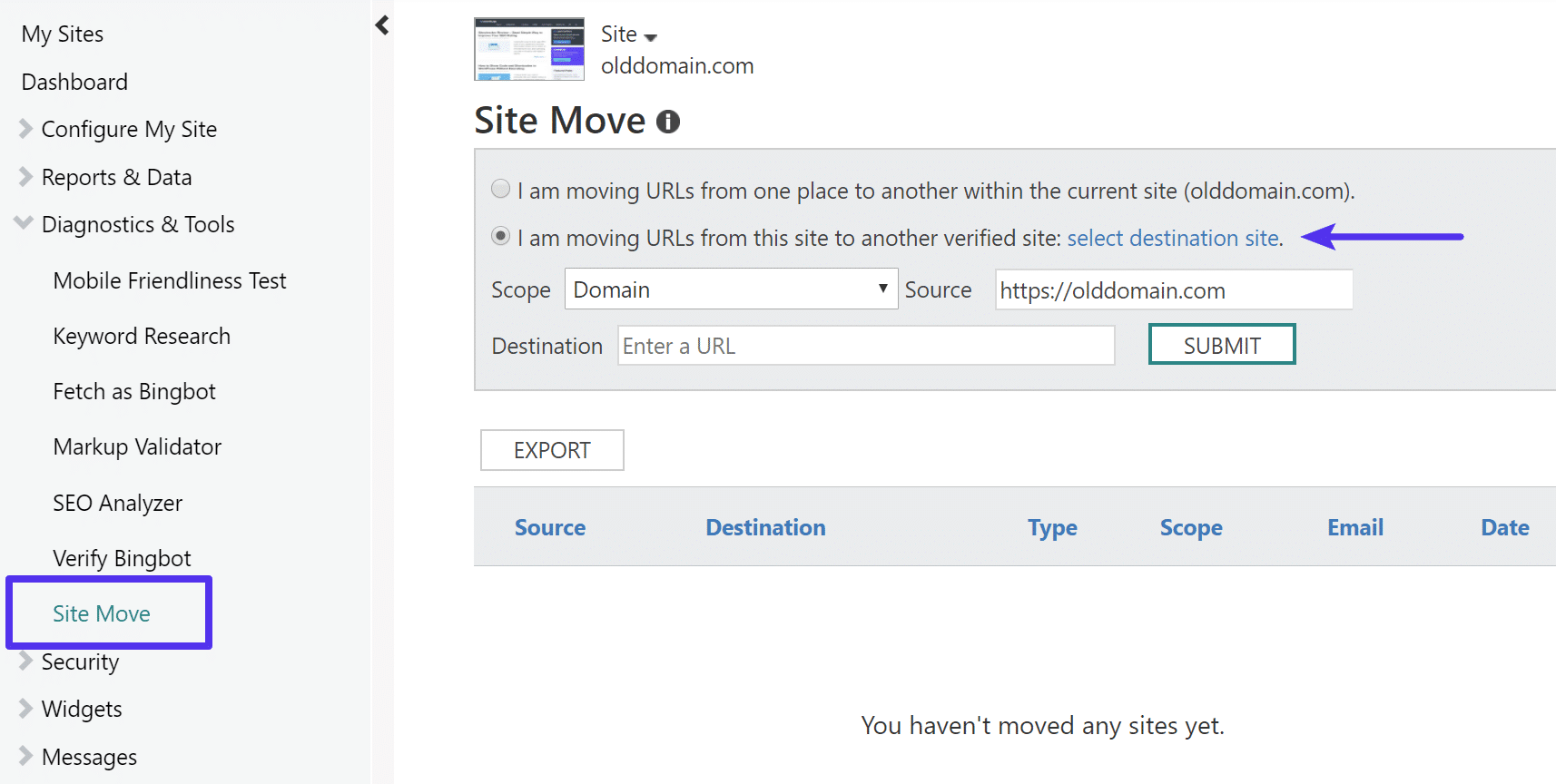 Mudança de site em Bing Webmaster Tools