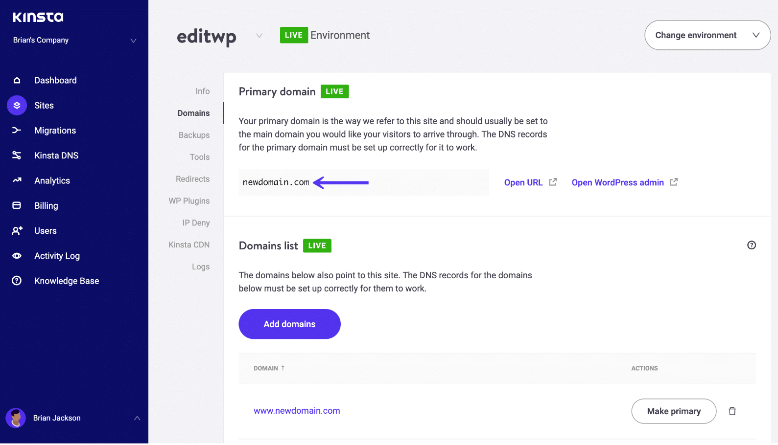 Domínio primário Kinsta
