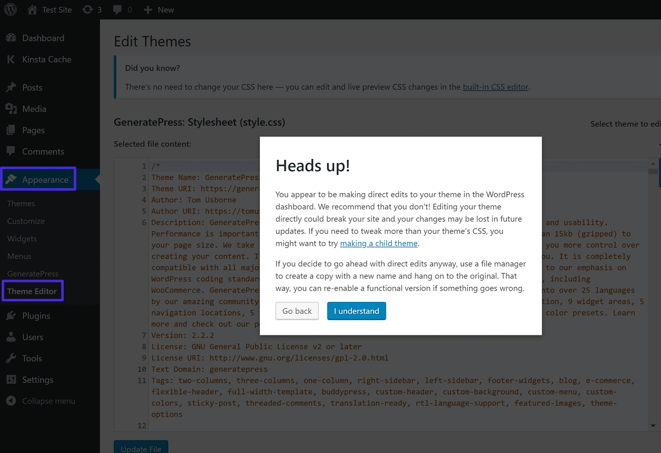 O aviso antes de aceder ao editor de código do painel