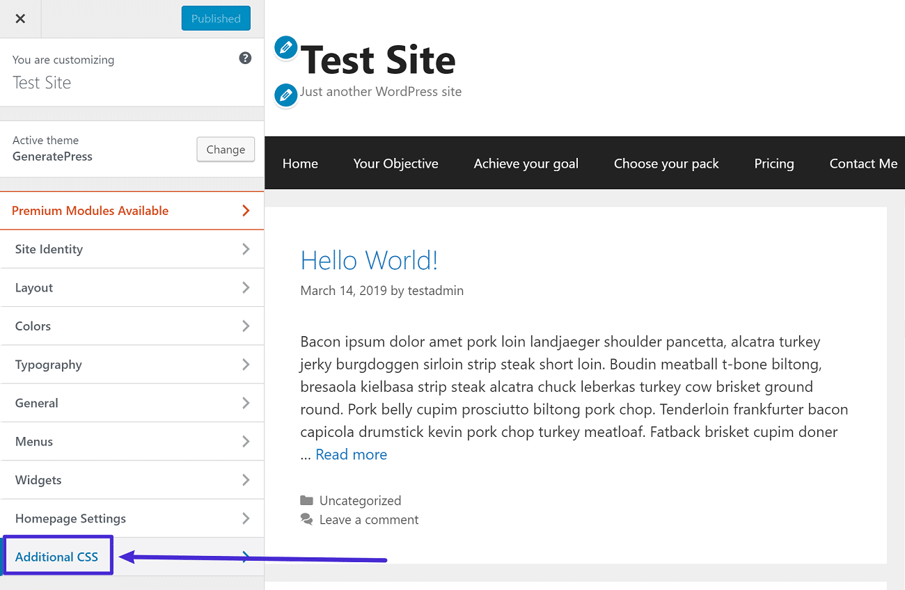 Onde encontrar a opção CSS Adicional no WordPress Customizer