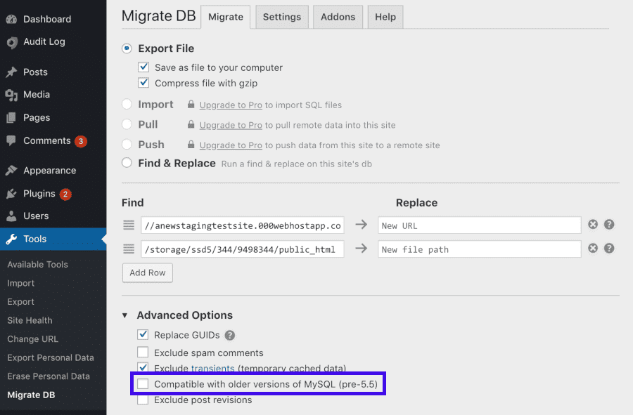 WP Migrate DB configurações