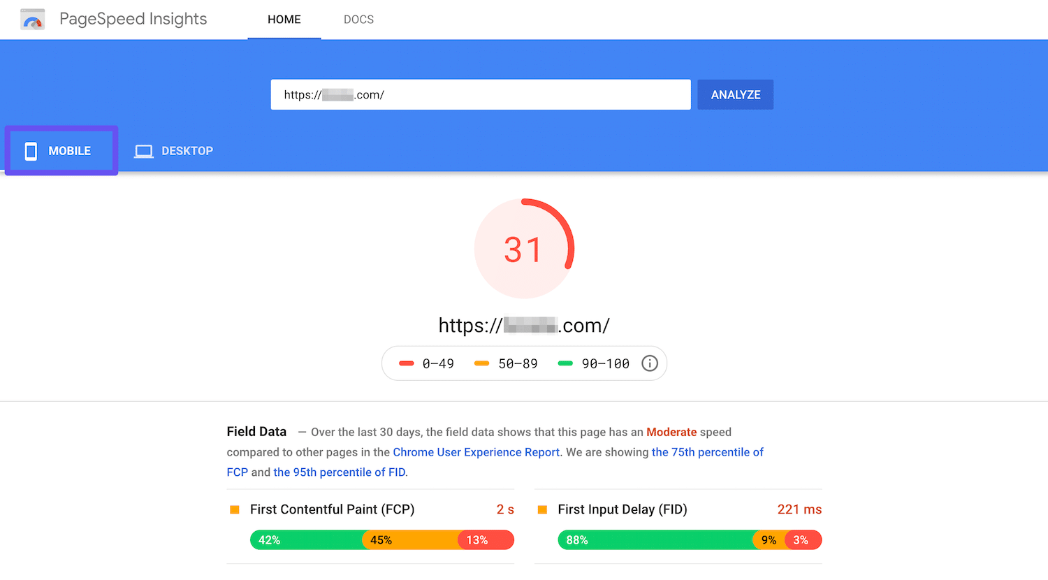 Aba Mobile no Google PageSpeed Insights.