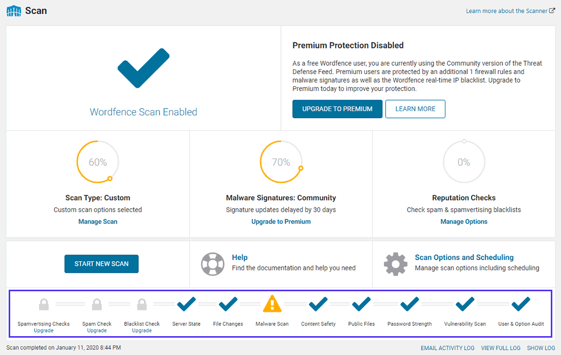 Gerencie suas configurações de Wordfence scan a partir daqui