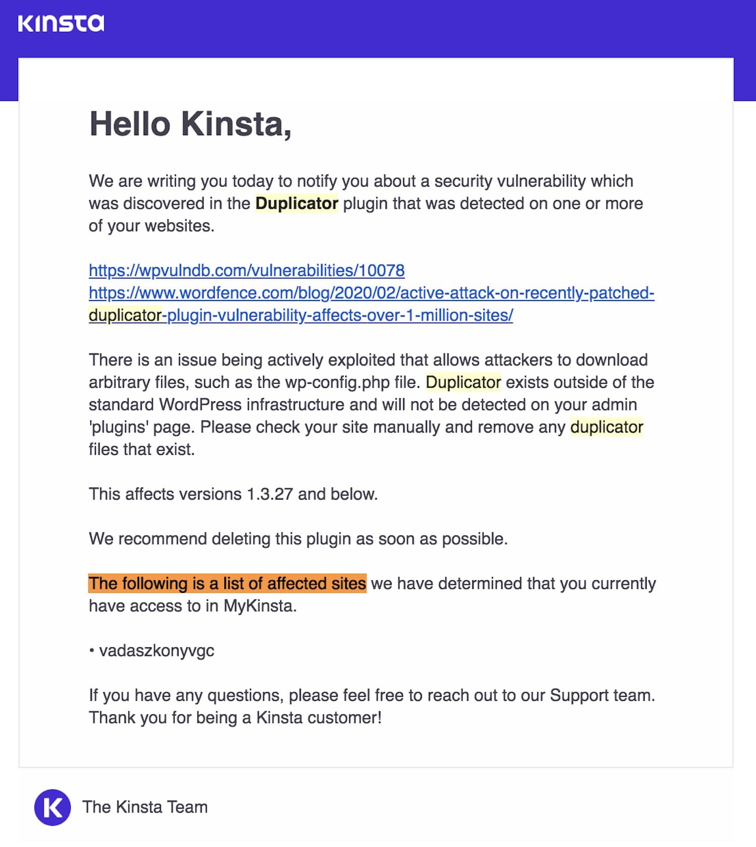 Os e-mails de vulnerabilidade agora contêm nomes de sites.