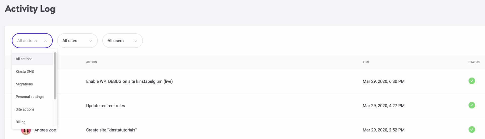 O filtro de categoria para o registo de actividades MyKinsta.