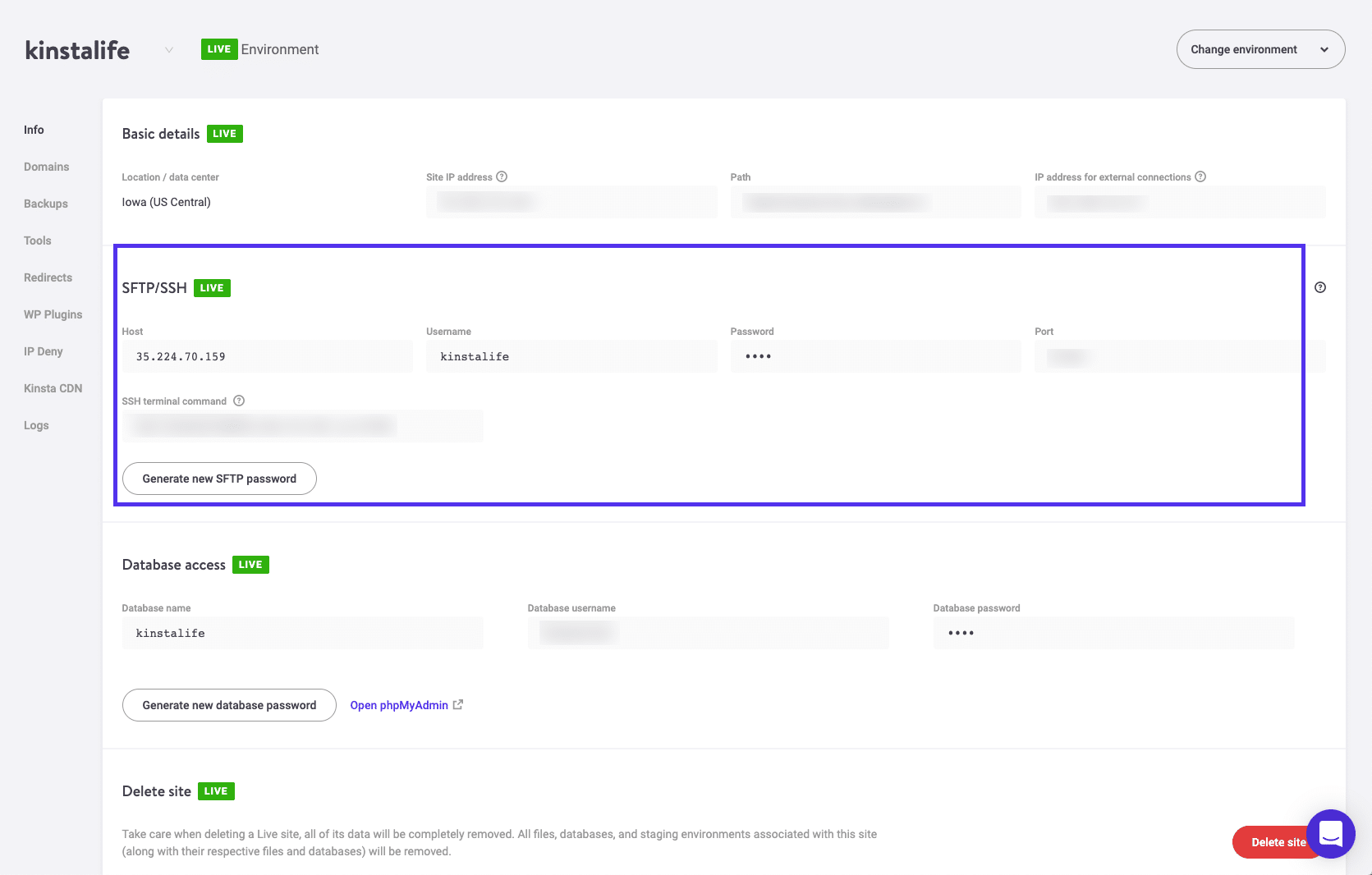 Credenciais de Login no MyKinsta