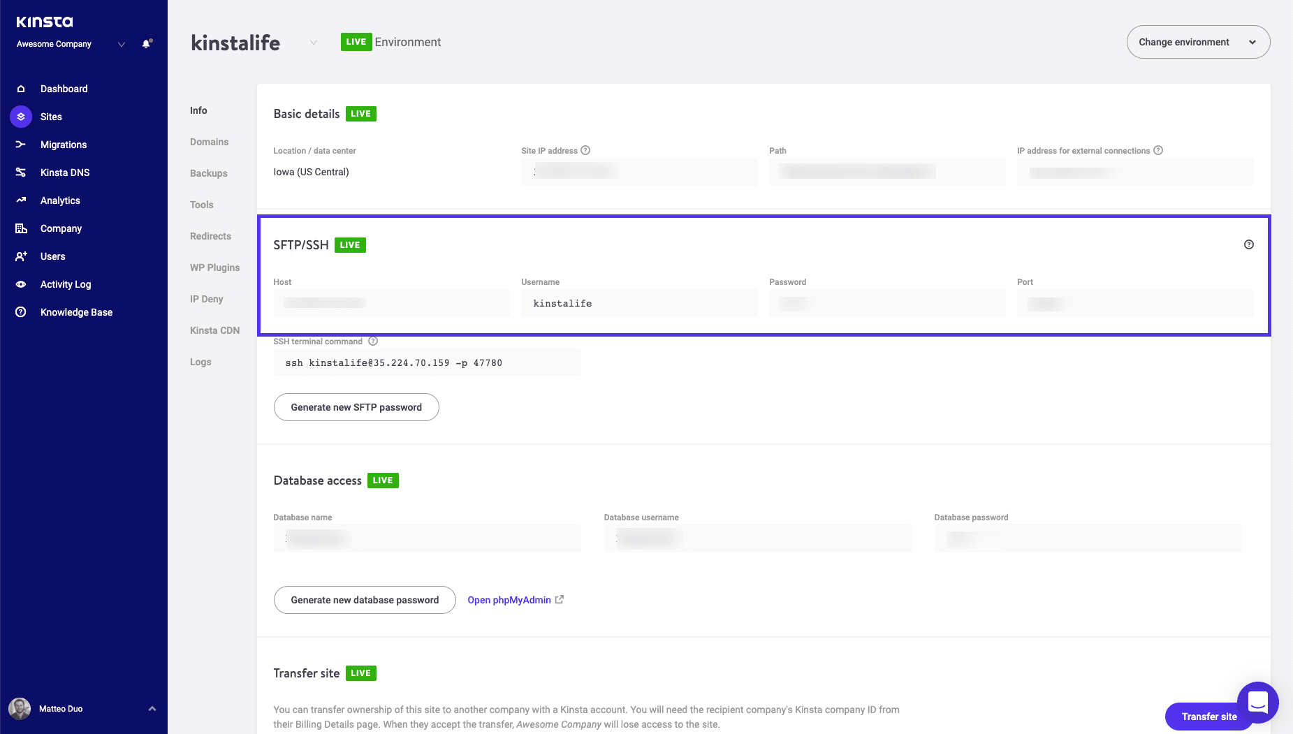 Credenciais FTP no MyKinsta
