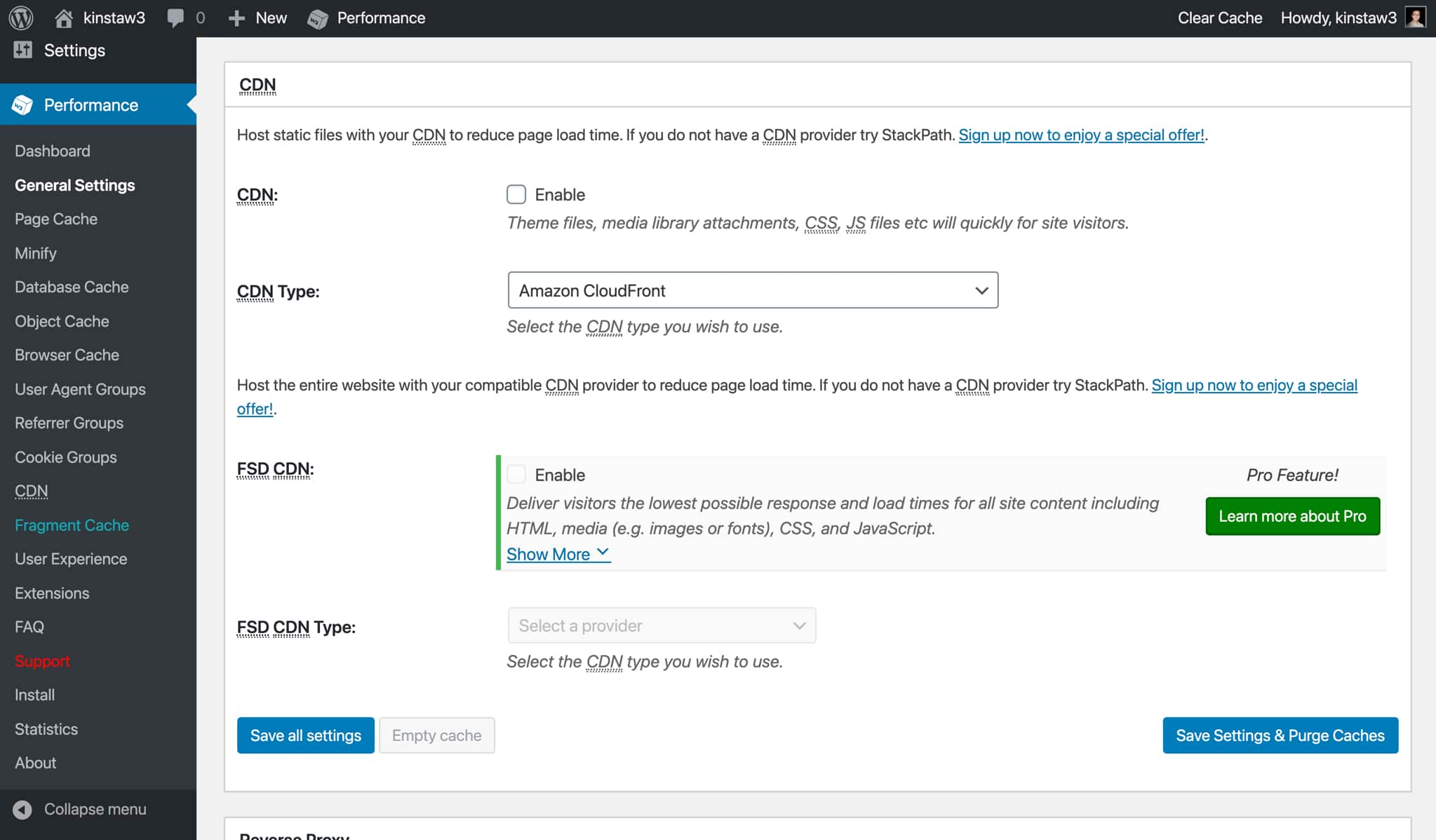 Configurações CDN em W3 Total Cache.
