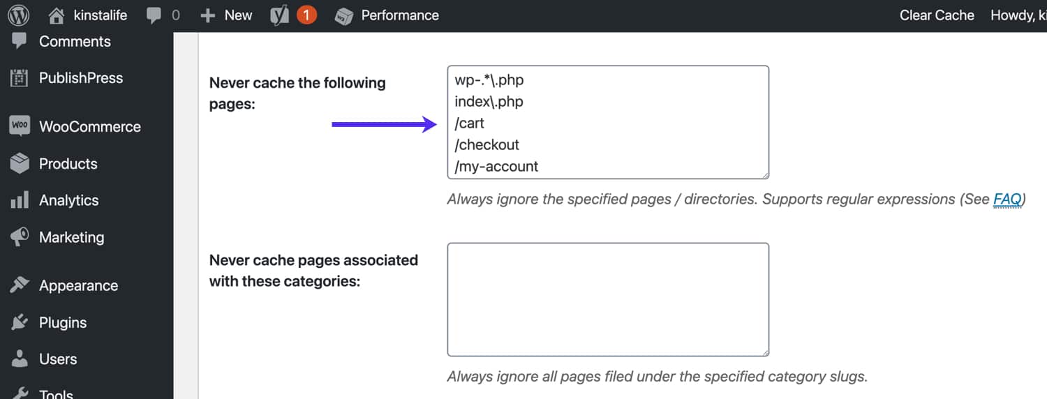 Páginas de Bypass WooCommerce do W3 Total Cache.